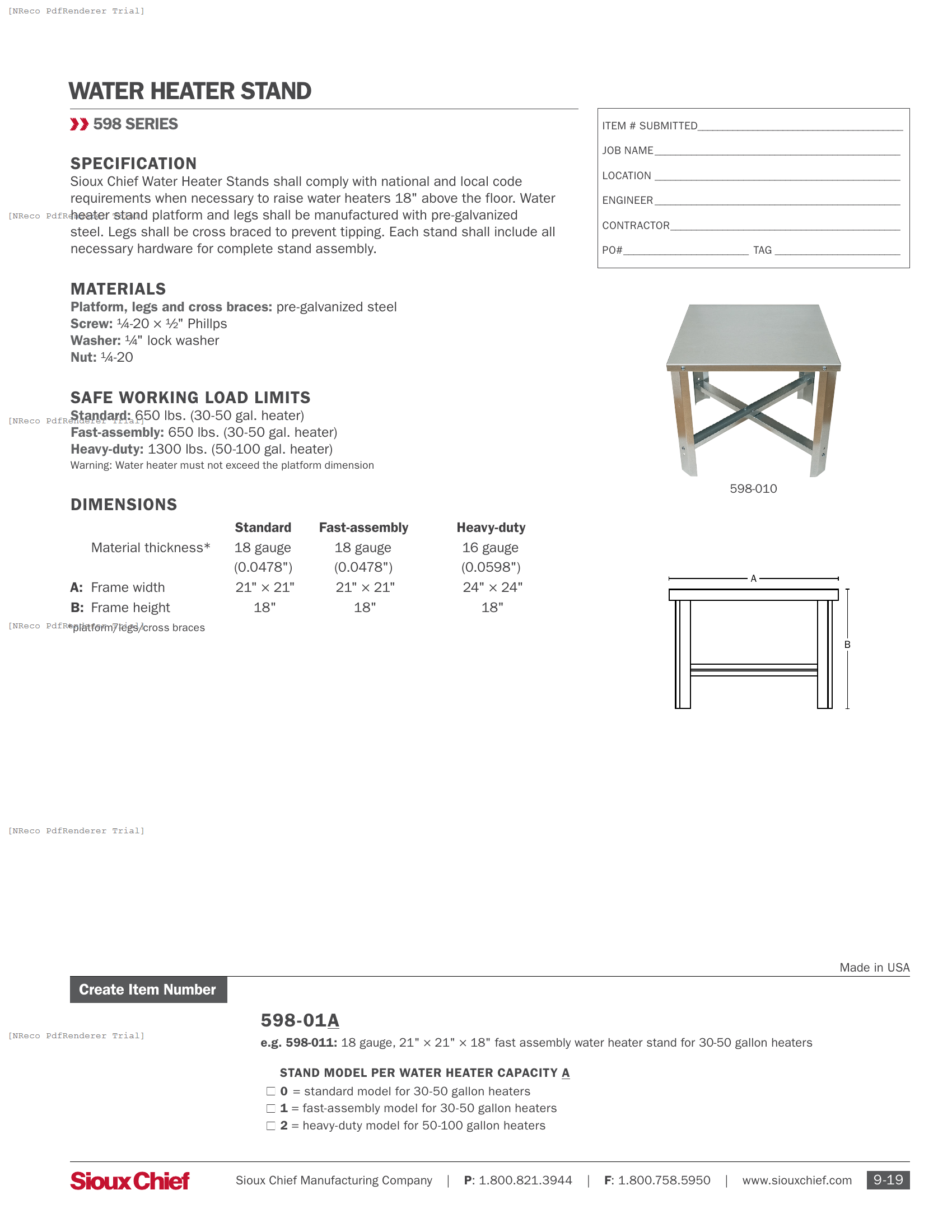 598 SERIES - WATER HEATER STAND - SPEC SHEET.PDF Specification Document
